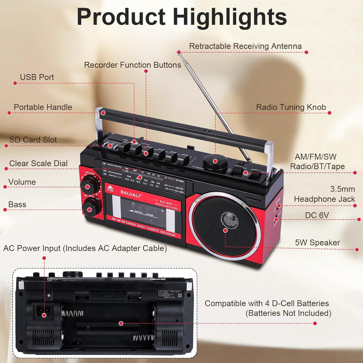 BAIJIALI Cassette Portable Player with AM/FM/SW Radio & BT, Boombox for Home and Travel, Record from Radio, Play via
