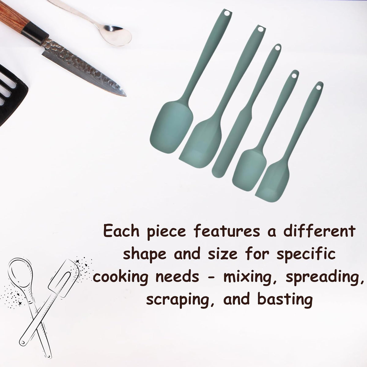Skiennix Silicone Spatula Set - 5-Piece Kitchen Utensils, Heat Resistant to 445°F, Sage Green | Non-Stick & Easy to Clean