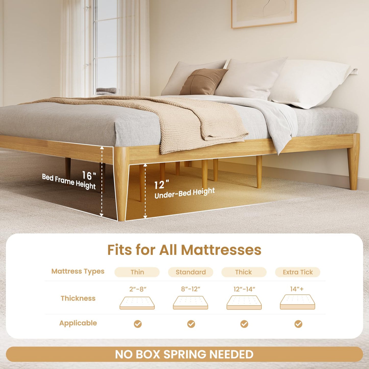 IOTXY King Platform Bed Frame - Solid Wood 16-Inch Height Mattress Foundation Base with Densely Slats and Heavy-Duty Support Legs, No Box Spring Needed, Oak