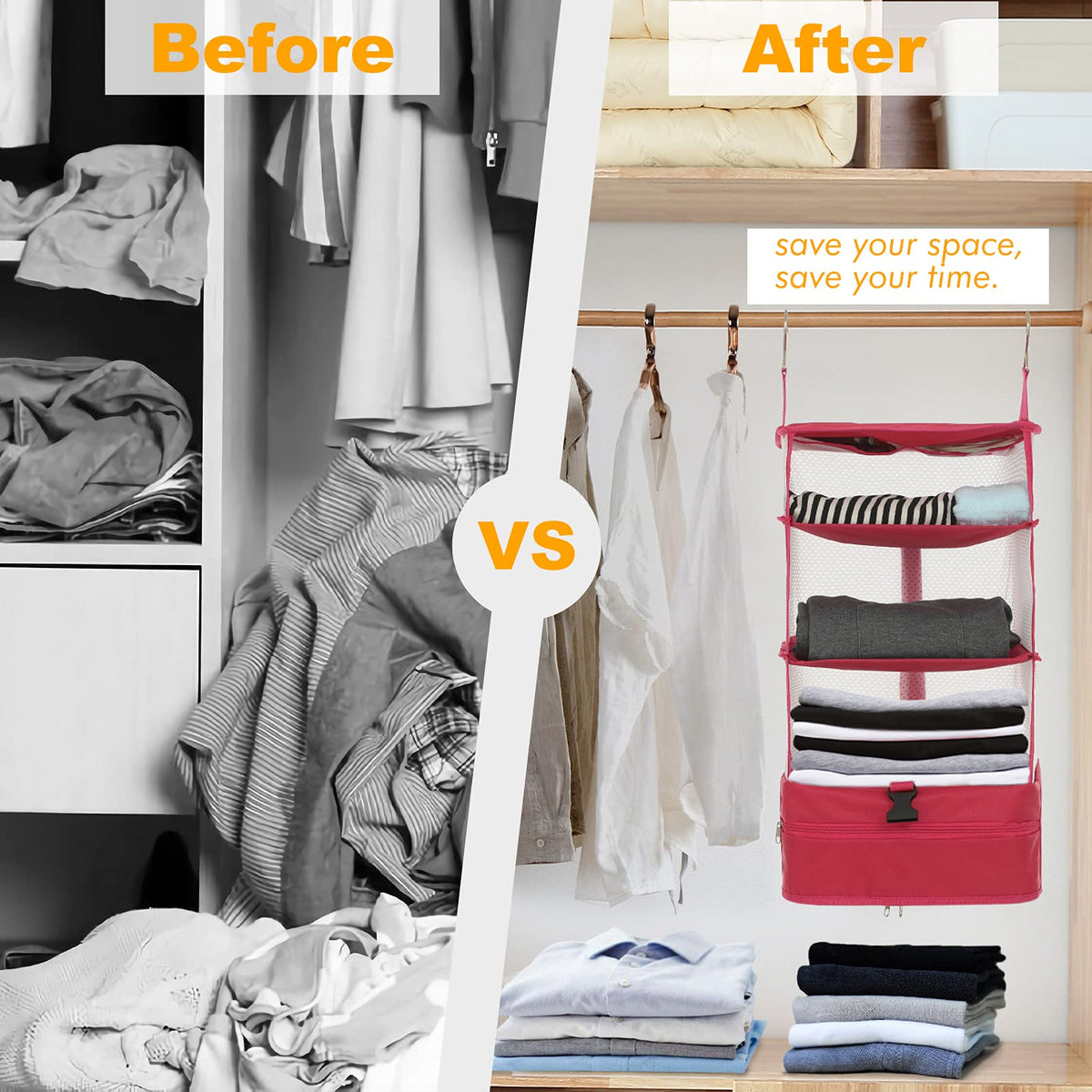 Surblue Hanging Closet Storage Bag Collapsible 3-Shelf Washable Oxford Fabric with 2 Hooks (L 11.41 * 11.41 * 19.68in, Pink)