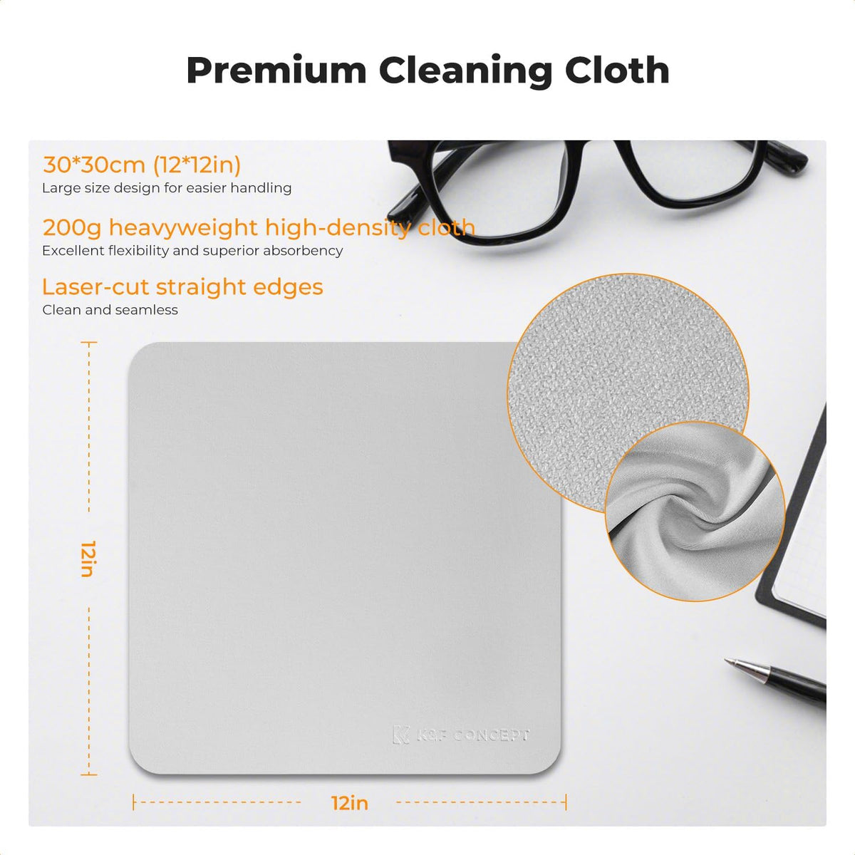 3 Pack 12x12inWashable Headsets, K&F Concept Microfiber Lens Cleaning Cloths Reusable Vacuum Wrapped Glasses