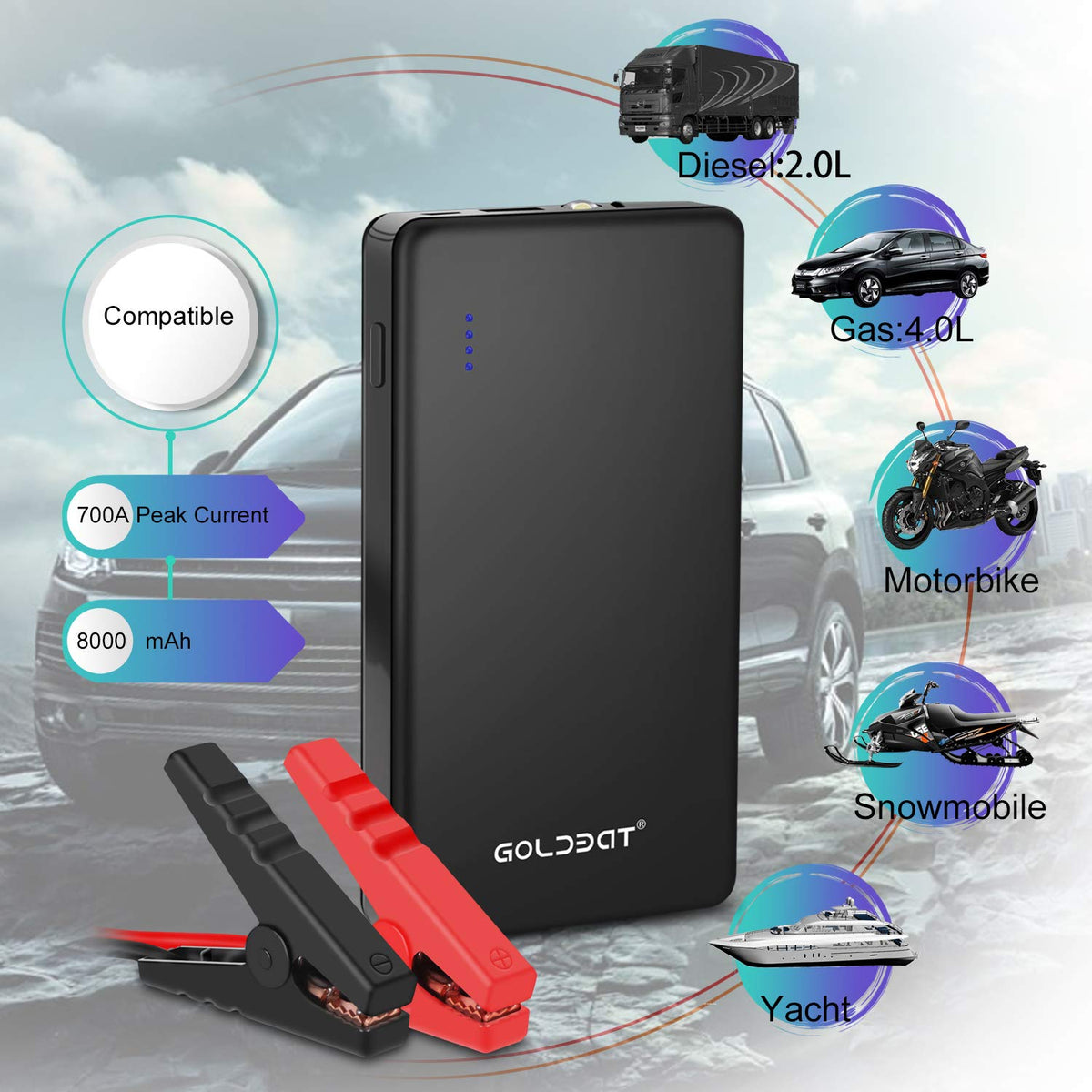 GOLDBAT 700A Peak 12V 8000mAh Car Jump Starter (Up to 4.0L Gas or 2.0L Diesel Engine) Portable Power Pack Auto Battery Booster with LED Light Gift Box Packaging (Black)
