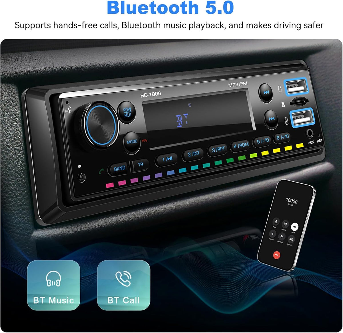 SIXTOP 5.0 64G MP3 Single Din Car Stereo Bluetooth Audio Radio with Card FM Receiver Digital Music Radio Player Support