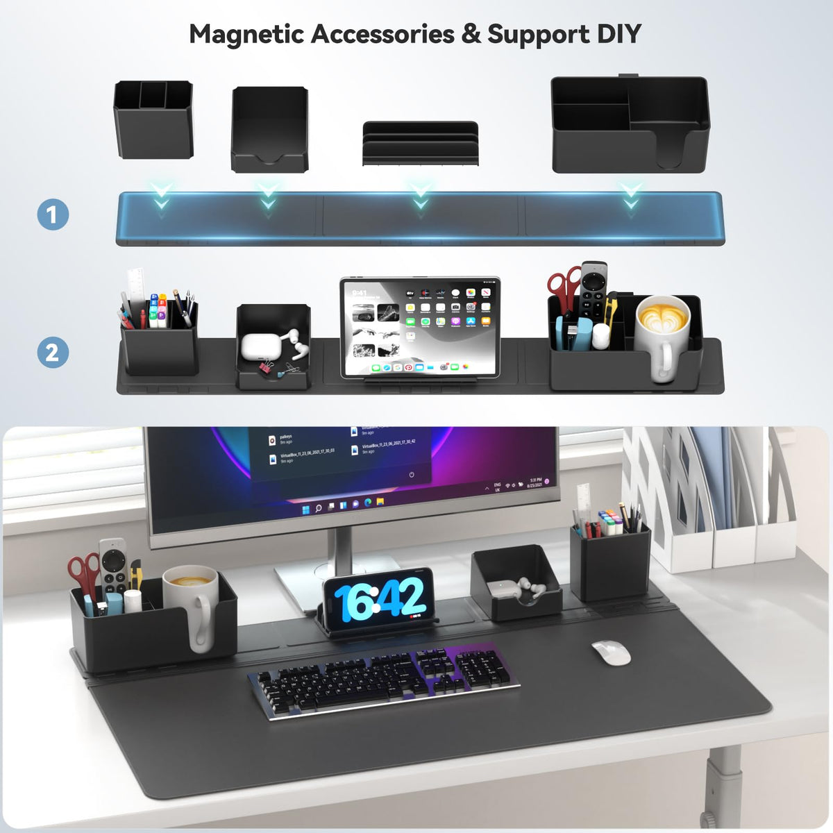 KDD Desk Pad and Magnetic Organizer Set - 5 in 1 Large Mouse Mat with Phone Stand, Cup Holder, Pen Holder, Storage Box & Card Case, Multifunction DIY Desktop Storage Accessories for Office and Home