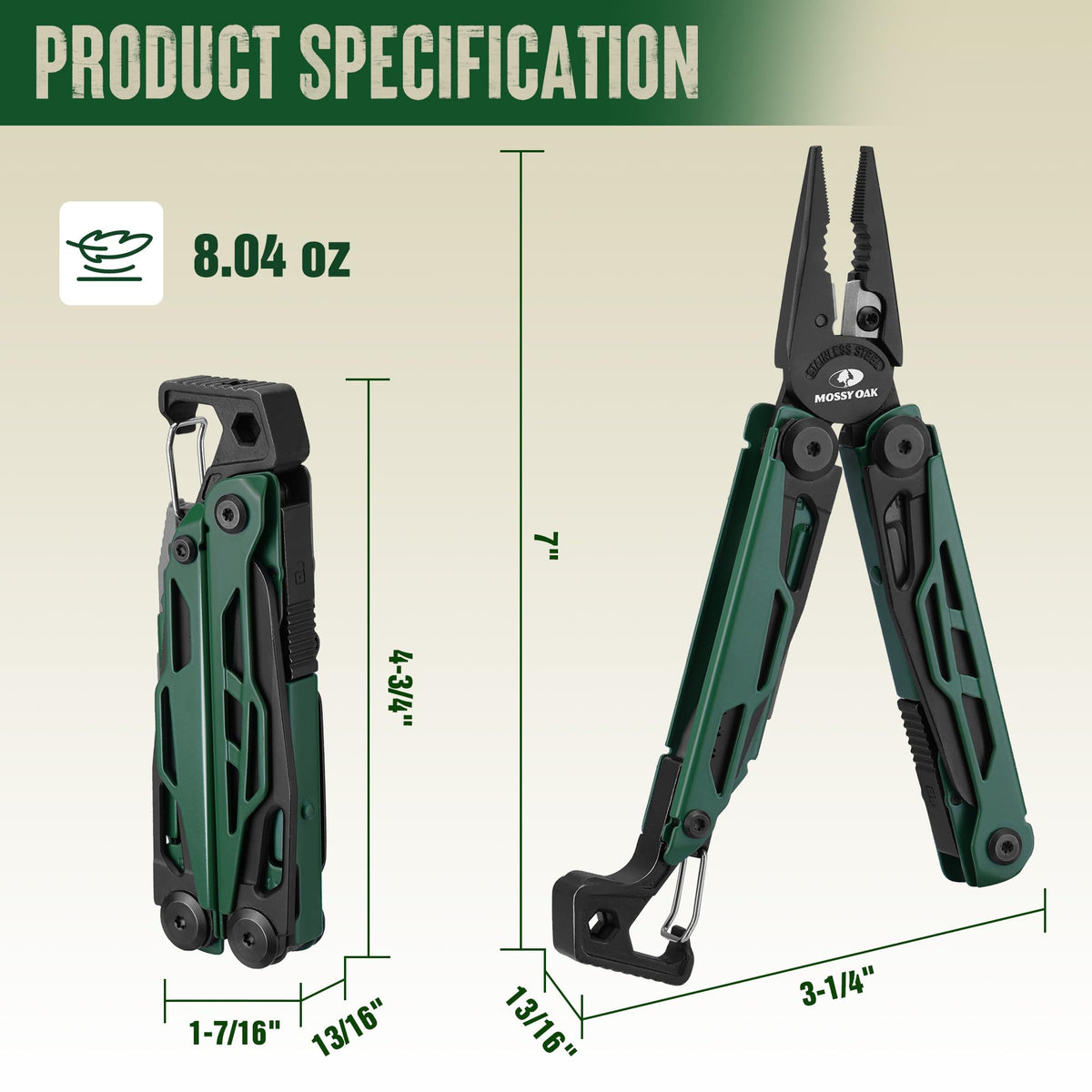 MOSSY OAK CNC-Machined Multitool Pliers, 27-in-1 Multi Tool with Pocket Knife, Fire Starter & Whistle, Bottle Opener, Screwdriver – Self-Locking Survival Tool for Camping & Hiking