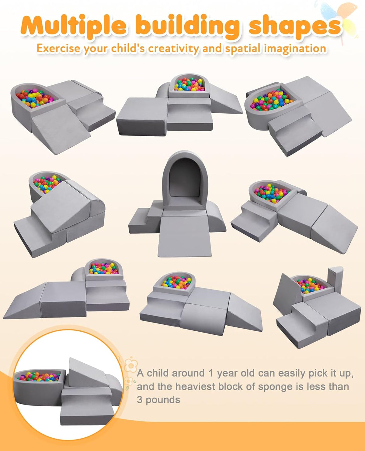 Skiennix Baby Climbing Blocks - Soft Play Set for Crawling Infants 6-12 Months | Anti-Slip Foam Gym (Grey)