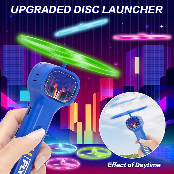 Rechargeable Disc Launcher with 6 Flying Spinners for Outdoor Activities Game White Elephant Gift Fidget Toys (Blue)