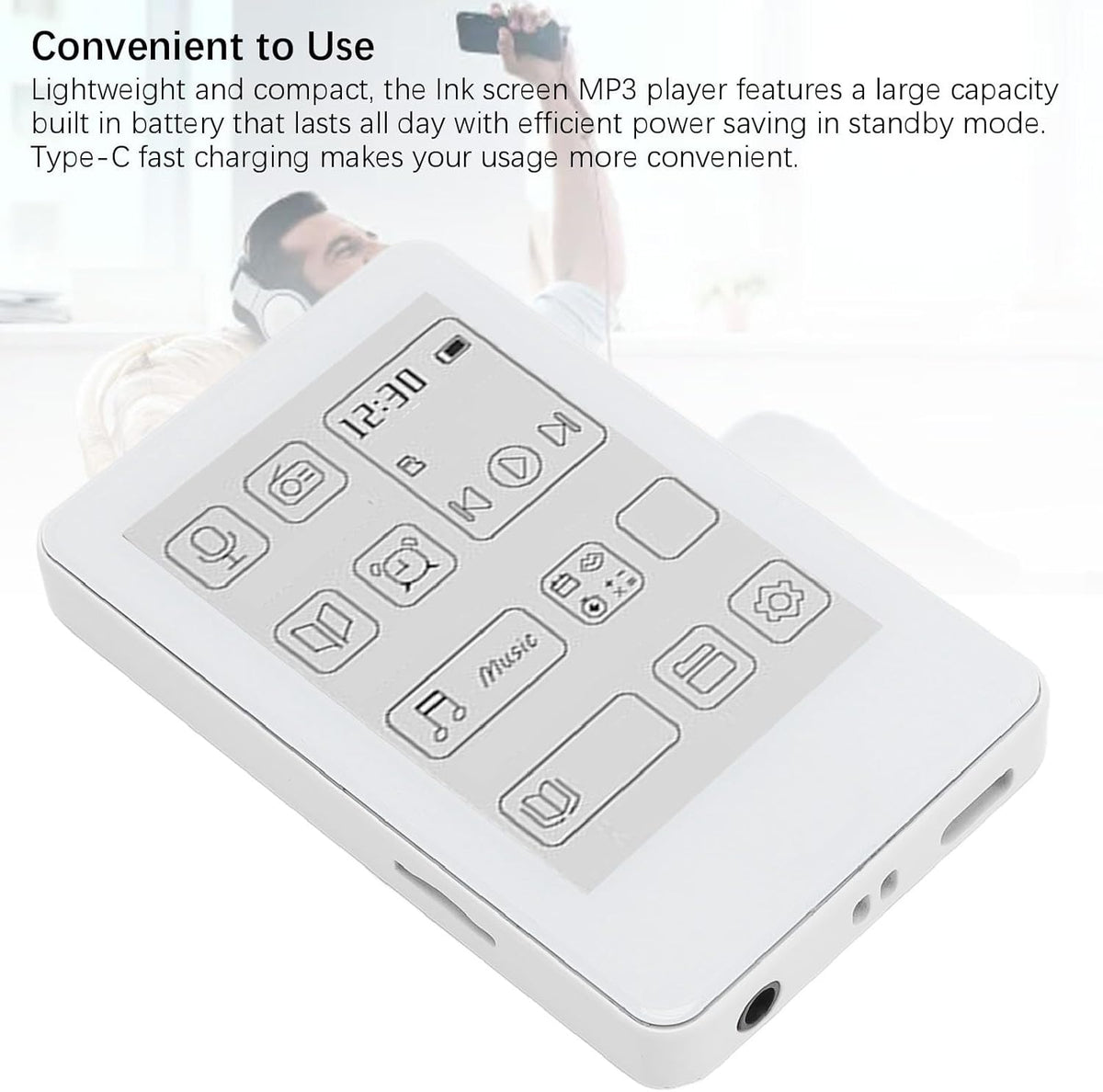 XUMIUZIY MP3 2.7in Player, HD Ink Screen Music Player, Electronic Book HiFi Sound Type C Fast Charging for Home Outdoor