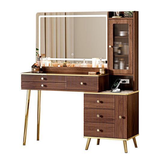 Arulvmrn Vanity Desk with 35.12" HD Lighted Mirror, 46.85" Big Modern Vanity Desk with Mirror and Lights, Makeup Vanity with 7 Drawers and Storage Shelves and Charging Station, Walnut