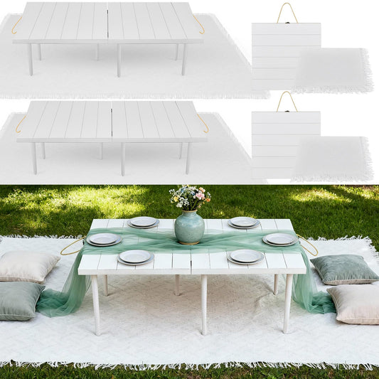 Hahafelt 2 Set Low Picnic Table, Foldable Boho Picnic Table with Extra Large Outdoor Camping Blanket Portable Boho Wood BBQ Tables for Camping Wedding Beach BBQ Party (44.1''x22.1''x12.9'',White)