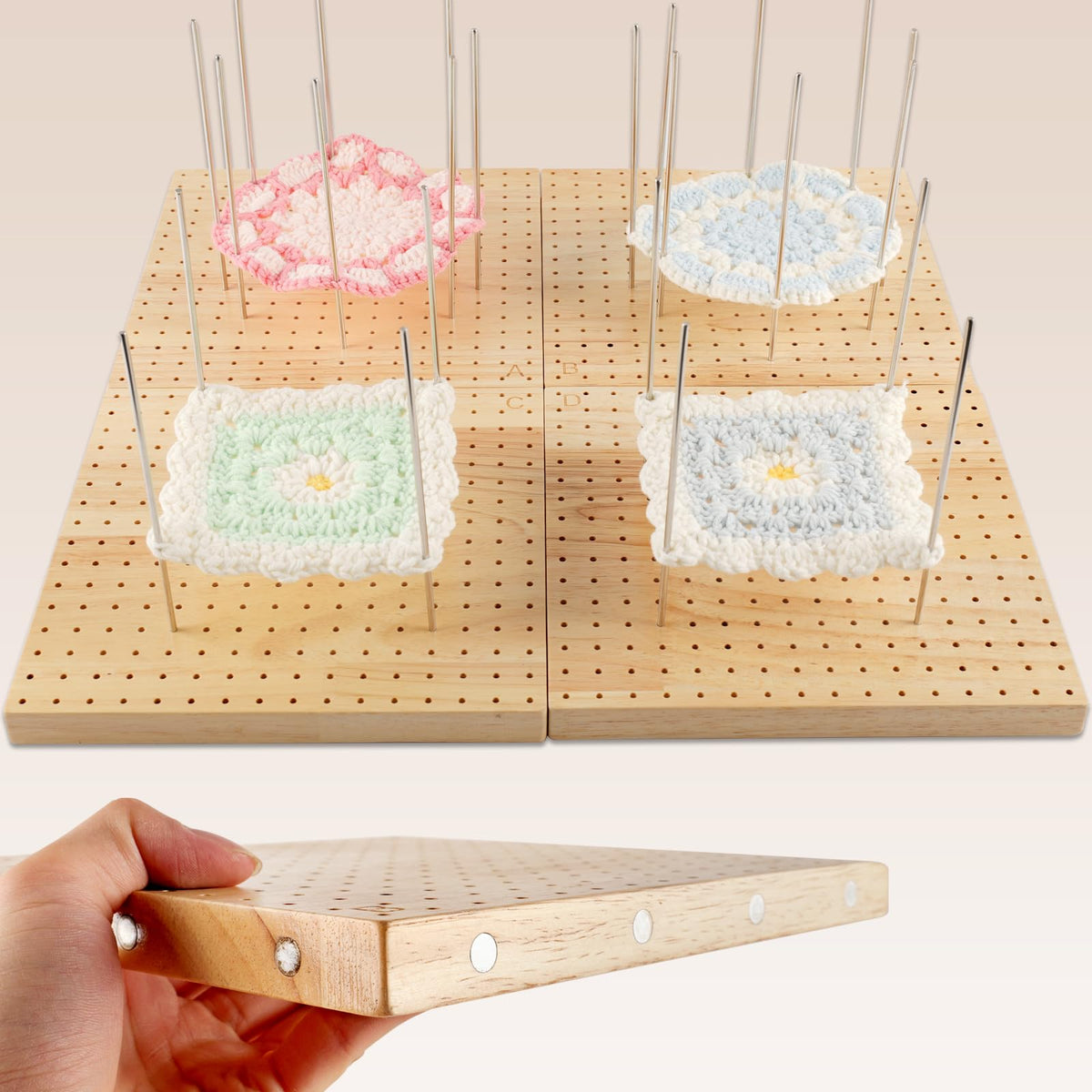 Svartur 4 Pcs (Total 17") Expandable Crochet Blocking Board with Magnetic Interior Edges, 40 Pegs, Large Blocking Boards for Crochet Projects with Pegs, Granny Square Blocking Mat Board