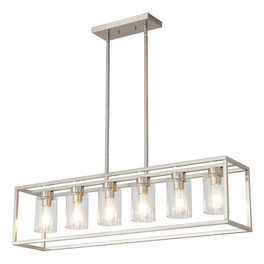 XILICON Dining Rooms Brushed Nickel Chandeliers,Kitchen Island Farmhouse Lighting Fixture Industrial Rustic Ceiling Hanging 6 Light Modern Pendant Light with Glass Shade
