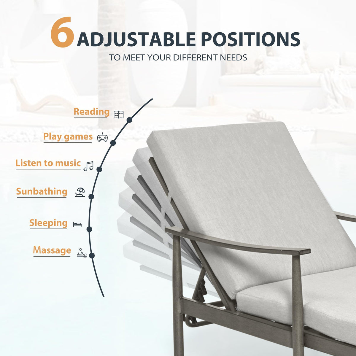 HAPPATIO Outdoor Chaise Lounge - Aluminum Pool Lounge Chair with Adjustable Backrest and Cushion, Curved Armrest, Outdoor Lounge Chair for Beach, Yard, or Poolside (Grey)