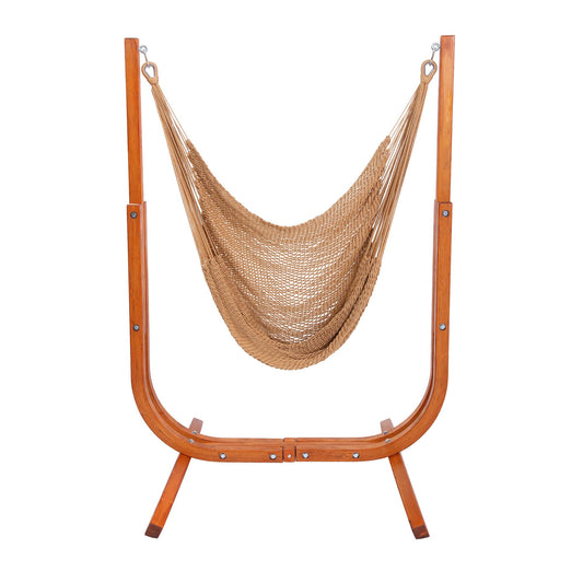 SANIWERKE® Hammock Chair with Stand, Caribbean Hammock Chair and Laminated Wooden Stand Combo, Sturdy Design, 400LBS Capacity, 70x50Inches, Jumbo Haven Lounger for Patio & Porch (Soft Tan)
