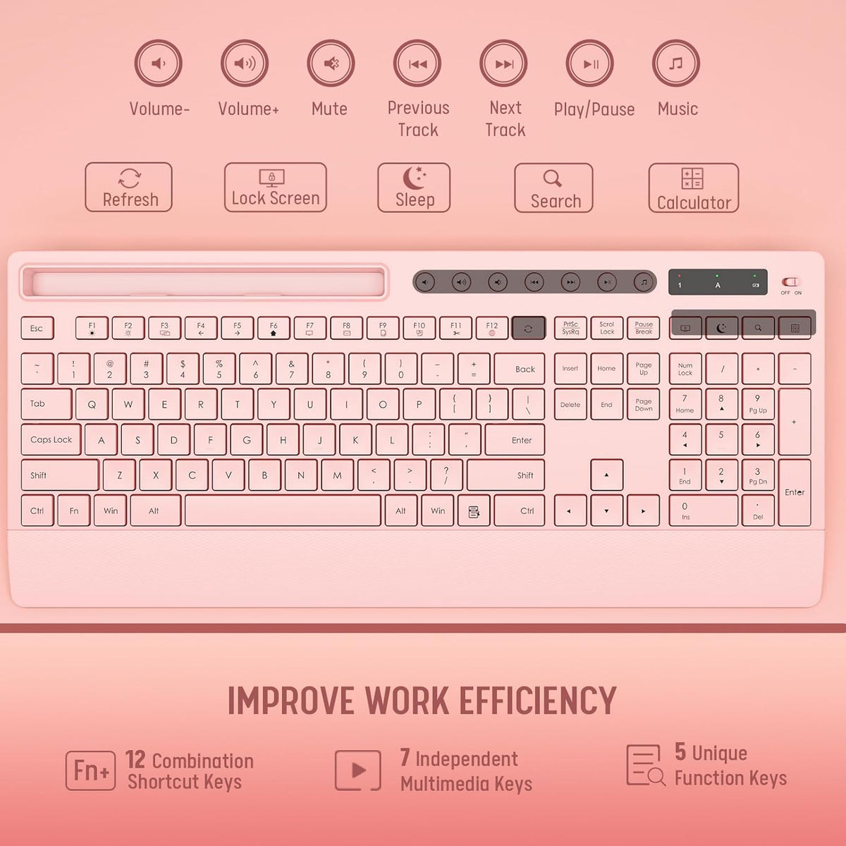 Trueque 2.4G Set Pink Keyboard and Mouse Wireless, Lag-Free Cute Keyboard Combo with Ergonomic Wrist Rest, Phone Holder