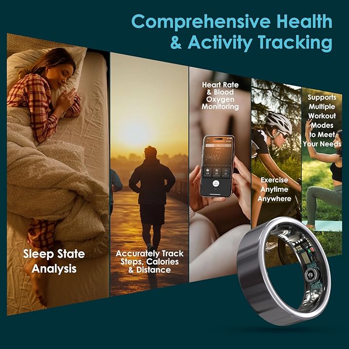 Smart Ring Health Monitoring 5ATM Waterproof Fitness Tracker with Glossy Titanium Surface Blood Oxygen/Sleep/Stress Tracking Women?™s Cycle Prediction Sport Ring Compatible with iOS/Android Gold 13