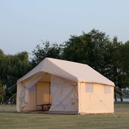 WaldZimmer Cotton Canvas Wall Tent with Rain Canopy Waterproof Outdoor Tent for Hunting Family 4 Season Camping Tents Heavy Duty Steel Frame&PVC Floor, Beige
