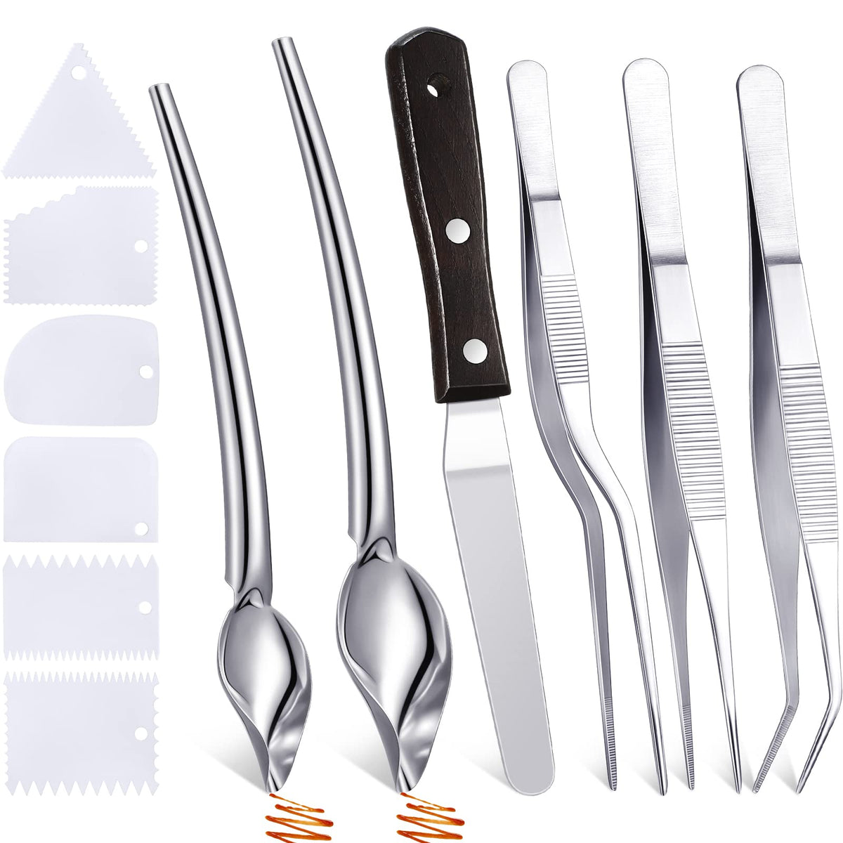 Patelai 12 Pcs Chef Plating Tools Plating Drizzle Spoons Cooking Tweezers Culinary Precision Stainless Steel Drawing Spoons Plastic Dough Scrapers Wood Icing Spatula for Chef Cake Candy Decorating