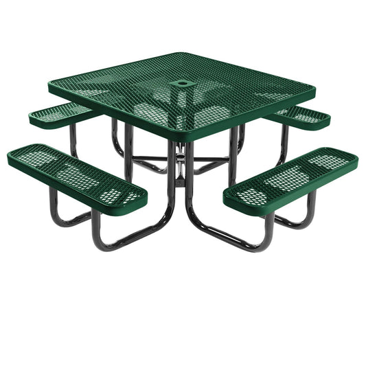 COATEDOUTDOORFURNITURE Heavy-Duty Portable Outdoor Picnic Table with Umbrella Hole, Expanded Metal Commercial-Grade Patio Dining Furniture Made in America (46" Square Top, Textured Green)