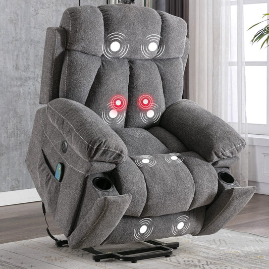 CANMOV Large Power Lift Recliner Chairs with Massage and Heat for Elderly Big People, Heavy Duty Motion Reclining Mechanism-Anti Skid Fabric Recliner Chair with 2 Concealed Cup Holders,Dark Gray