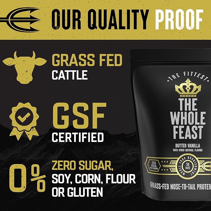 The Fittest Whole Feast Beef Protein Powder - Butter Vanilla - Grass Fed Nose to Tail Carnivore Blend Including Liver, Colostrum and Whole Bone - BCAAs - 14g Collagen - 21g Total Protein