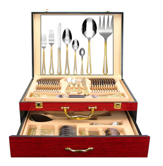 Venezia Collection 75-Pc Luxury Flatware Set for 12 w/Storage Case 24K Gold Premium Dining Cutlery Service - 18/10 Surgical Stainless Steel Silverware Hostess Serving Set in a Chest