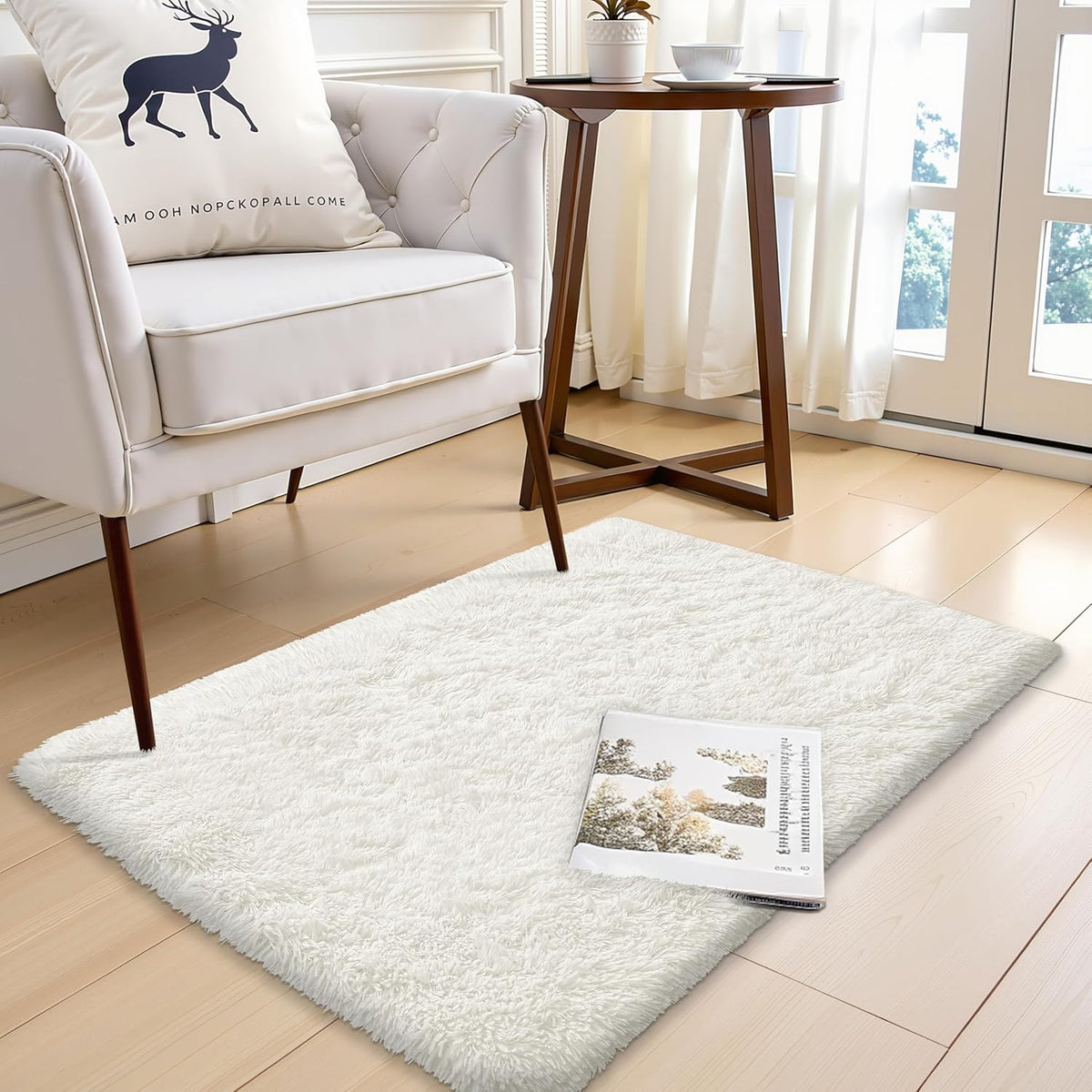 OLANLY Small Bedside Rug - Soft, Fluffy Shaggy Throw Rug for Bedroom & Living Room | Ivory