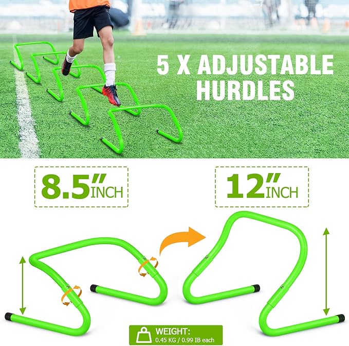 Speed and Agility Training Equipment: 5 Adjustable Agility Hurdles. 20ft Agility Ladder, Soccer Training Equipment Set for Kids Youth Adults