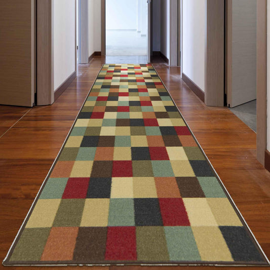 Ottomanson 2'7" x 50' Extra Long Hallway Runner Rug – Non Slip Low Pile Carpet Runner for Hallways, Corridors & Narrow Spaces, Checkered Multicolor