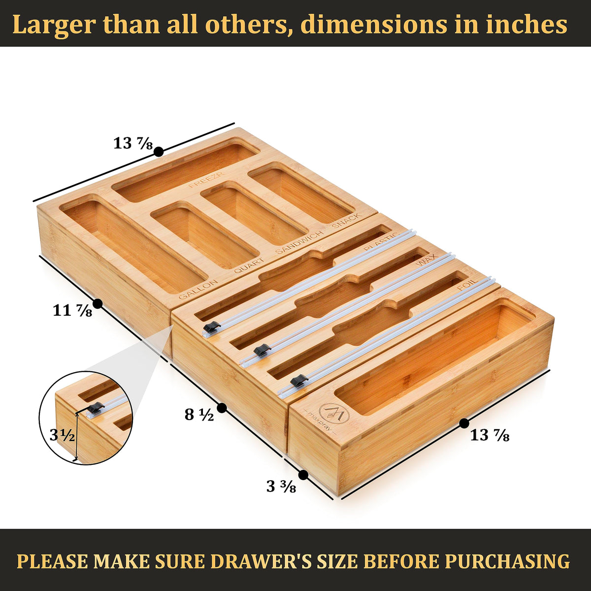 9 IN 1 Bamboo Foil and Plastic Wrap Organizer for Kitchen Drawer, Plastic Bag Organizer Organization and Storage, Food Storage Bag Organizer with Labels for Quart Gallon Snack Sandwich