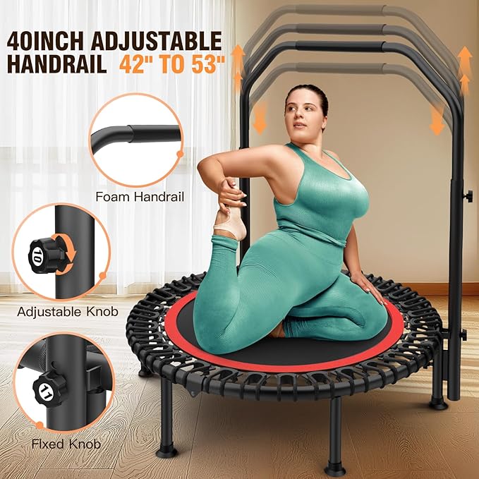 ANCHEER 40" Foldable Mini Trampoline,Max Load 450lbs/550lbs Indoor Trampoline,with 4 Level Adjustable Foam Handle and Resistance Bands,Adult Exercise Trampoline for Home, Garden, and Gym