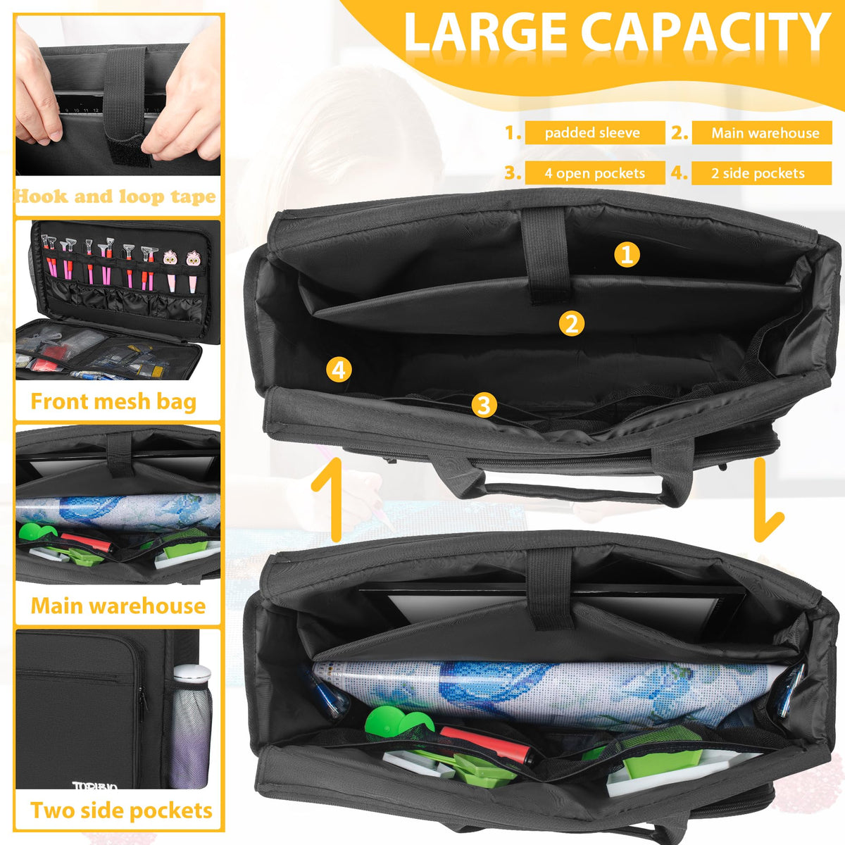 TORIBIO Diamond Painting Storage Bag for A3 Light Pad,Diamond Painting Carrying Case,with Extra Pocket for Diamond Art Supplies,Black,Bag Only