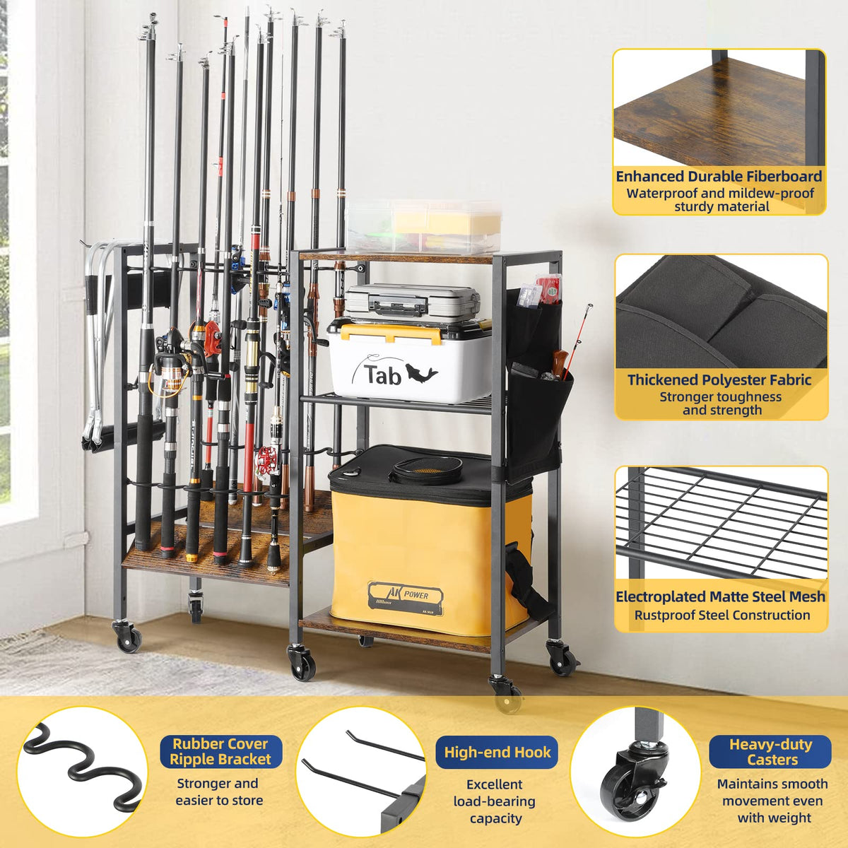 Olakee Fishing Rod Holder for Garage, 12 Fishing Pole Rack & Tackle Organizer, Fishing Gear Storage Cart for Home Entryway & Corner, Space Saving Rod Stand, Heavy Duty Gift for Men Dad Anglers