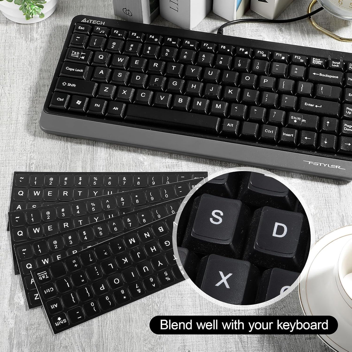 Xinjoduz 4 PCS Universal English Keyboard Letter Stickers, Black Background with White Lettering, Keyboard Stickers