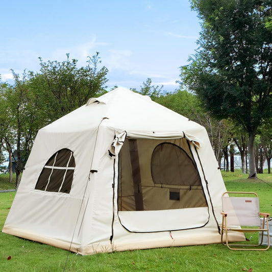 KNUO Inflatable Tent for Winter Camping 7.8x7.8ft Blow Up Air Tents, No Assembly Needed Luxury Glamping Tent for 1/2/3 People, Waterproof Oxford, Beige