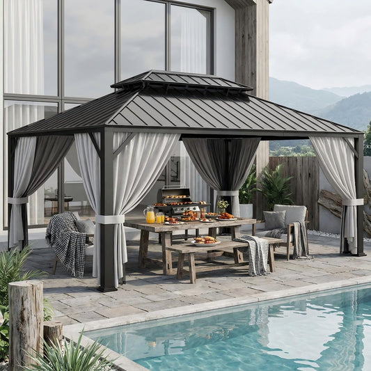 IRONCK 16'x12' Hardtop Gazebo, Update Aluminum Frame Gazebo with Galvanized Steel Double Roof, Outdoor Pergola with Curtain and Net, Backyard Canopy for Garden, Deck, Gray and Black