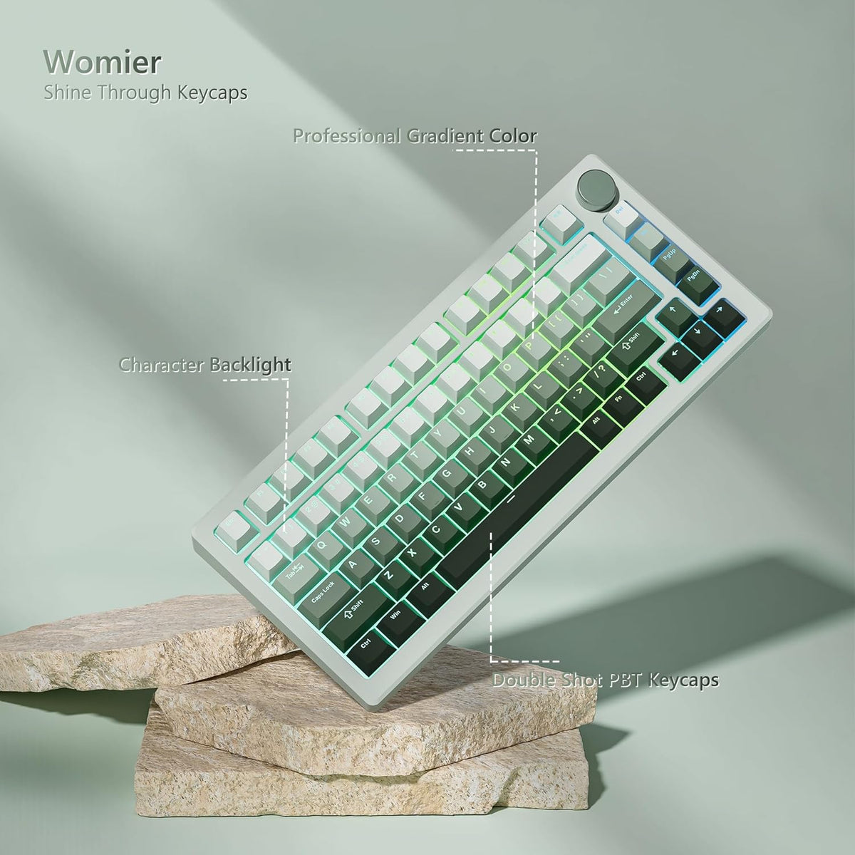 Womier 60 75 100 Green Keycaps for Mechanical Keyboard, Shine Through PBT Keycaps Cherry Profile, Custom Key Cap