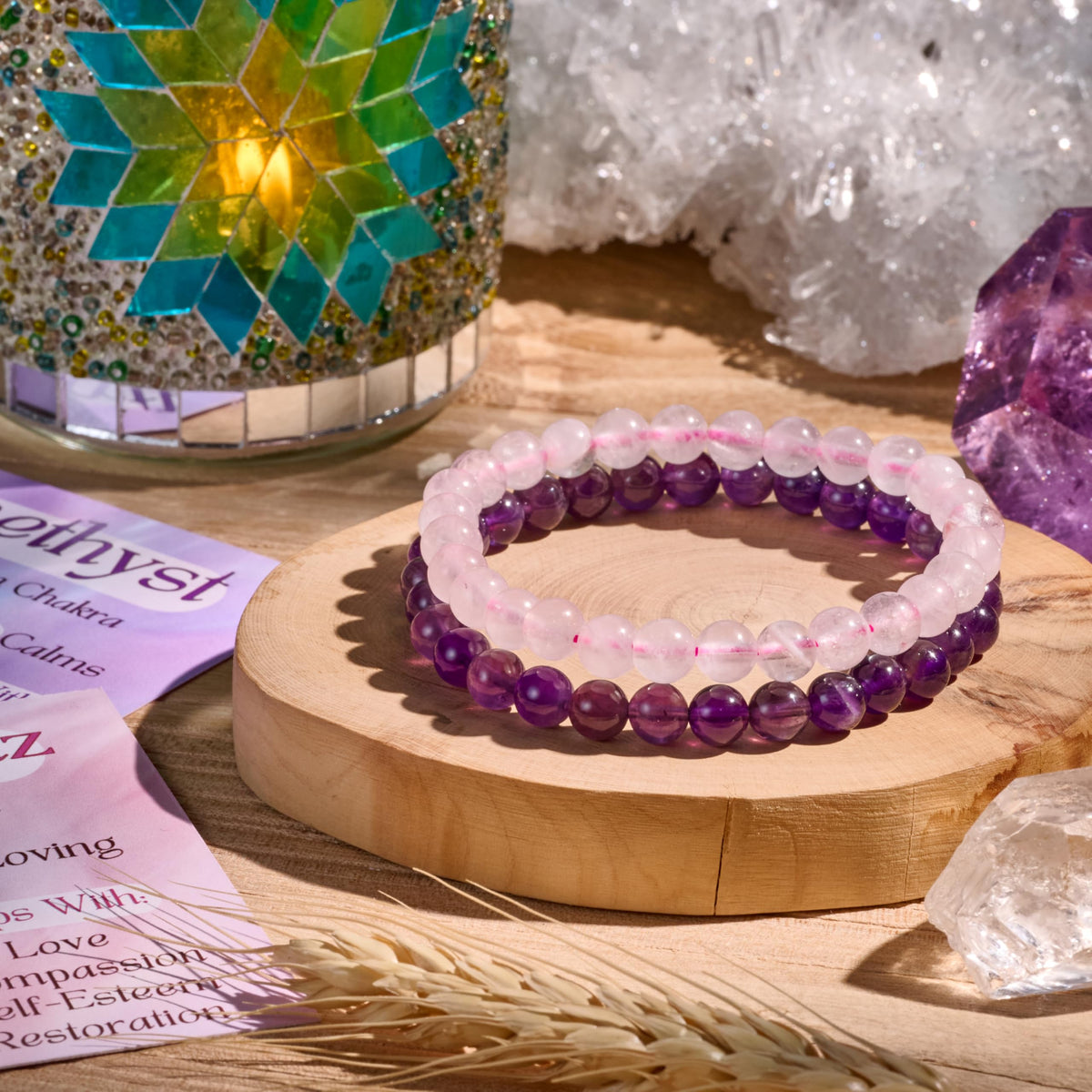 Bivei 2-Piece 4mm Beaded Bracelets for Women – Amethyst, Rose Quartz – Handmade Natural Crystal Stretch Elastic Jewelry for Meditation, Yoga, Protection Gifts