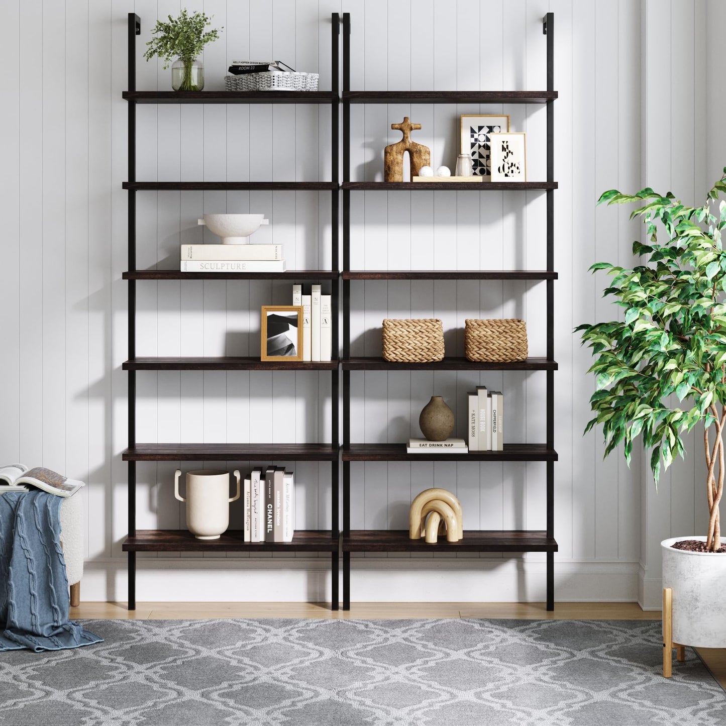 Nathan James Theo 6-Shelf Tall Bookcase, Wall Mount Bookshelf with Natural Wood Finish and Industrial Metal Frame, Nutmeg/Matte Black, Set of 2