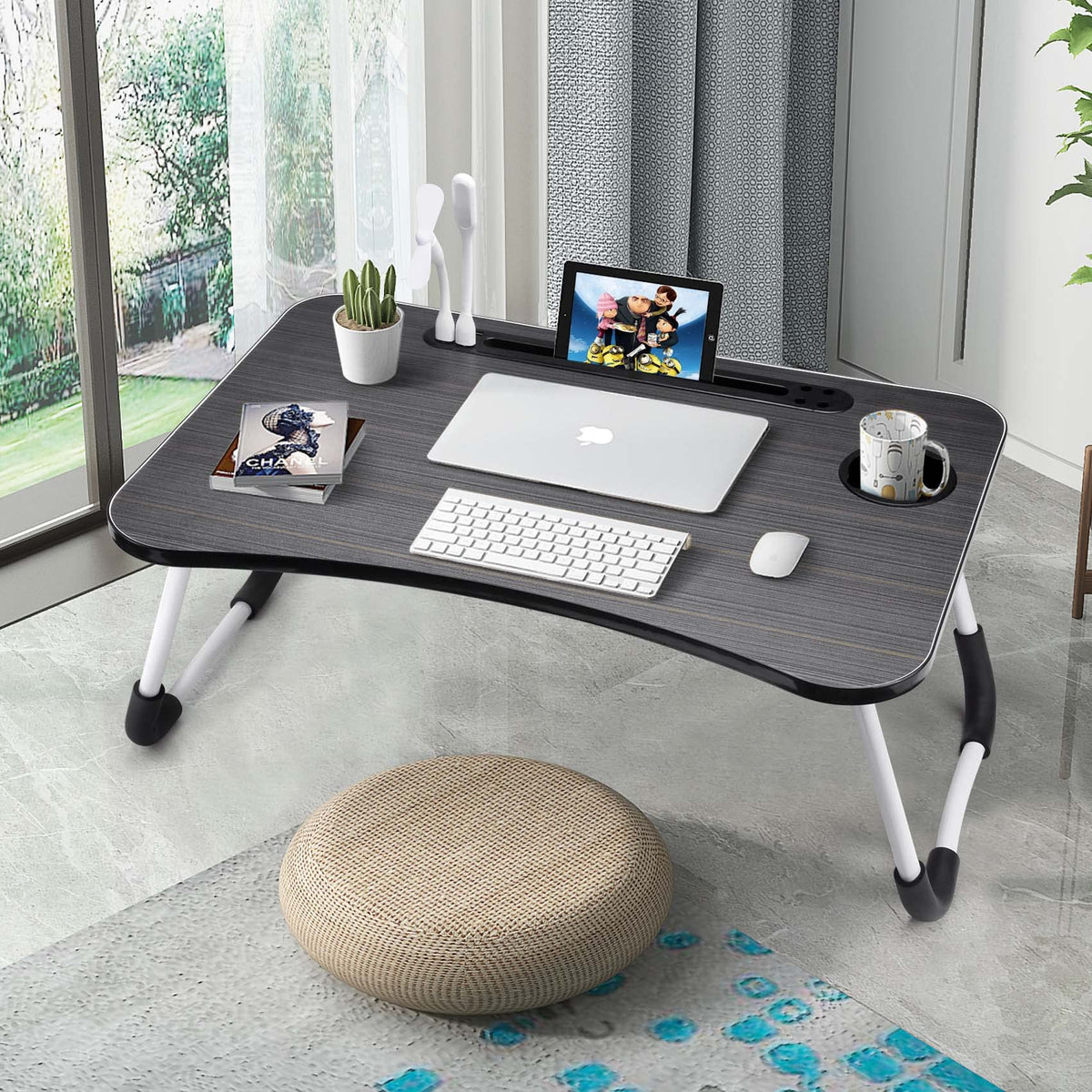 Slendor Lap Desk with Cup Holder, Foldable Laptop Table for Bed, Portable Bed Desk for Laptop and Writing, Computer Tray with Tablet Slot, Notebook Stand Reading Holder for Couch Sofa Floor,Black
