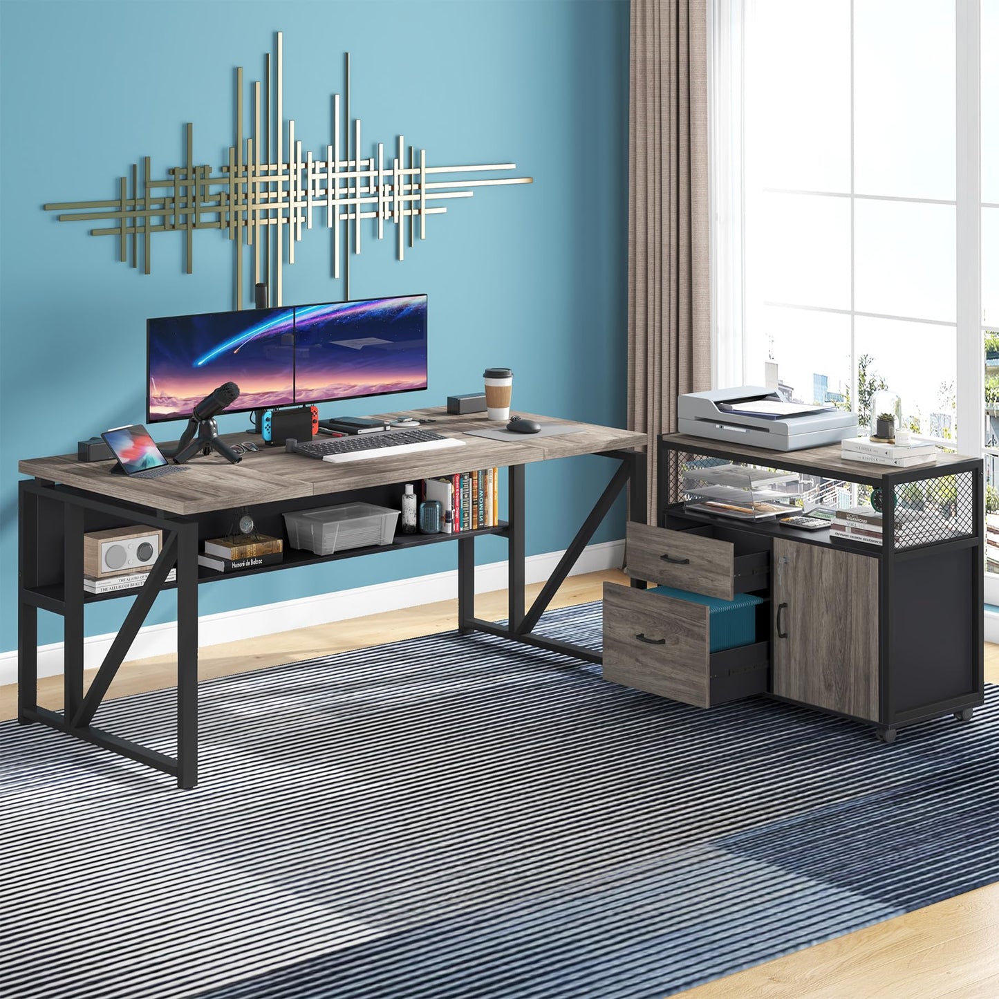 Tribesigns L Shaped Desk with Drawer Cabinet, 63" Executive Computer Desk and lateral File Cabinet, 2 Piece Home Office Furniture with Drawers for Hanging File, Doors with Locks (Gray, 63 inches)