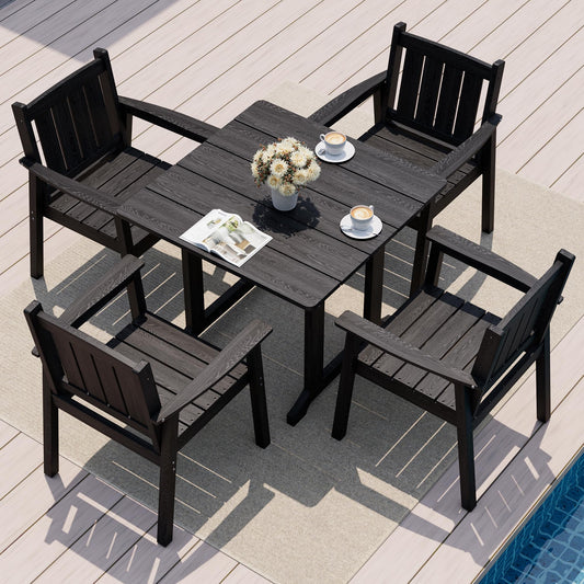 Pamapic 5 PCS Outdoor Dining Set, Spacious HDPE Outdoor Table and Chairs, Wood Grain Patio Furniture Sets with Elegant Armrest, All-Weather Patio Dining Table with Umbrella Hole, Black