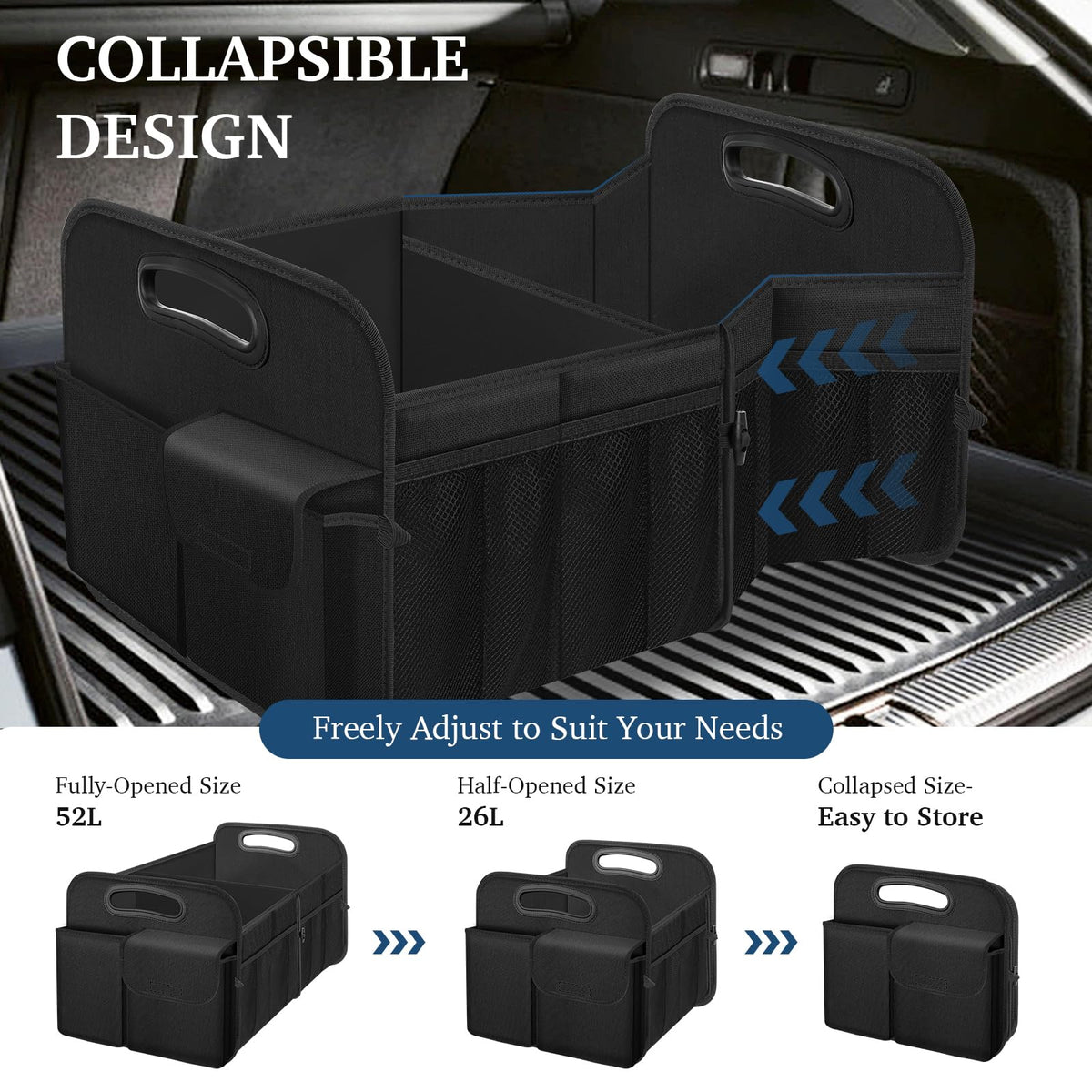 Femuar Car Trunk Organizer with Large Capacity Waterproof Car Accessories for Women & Men, Collapsible Trunk Organizer for Suv/Jeep/Sedan (Black, Standard)
