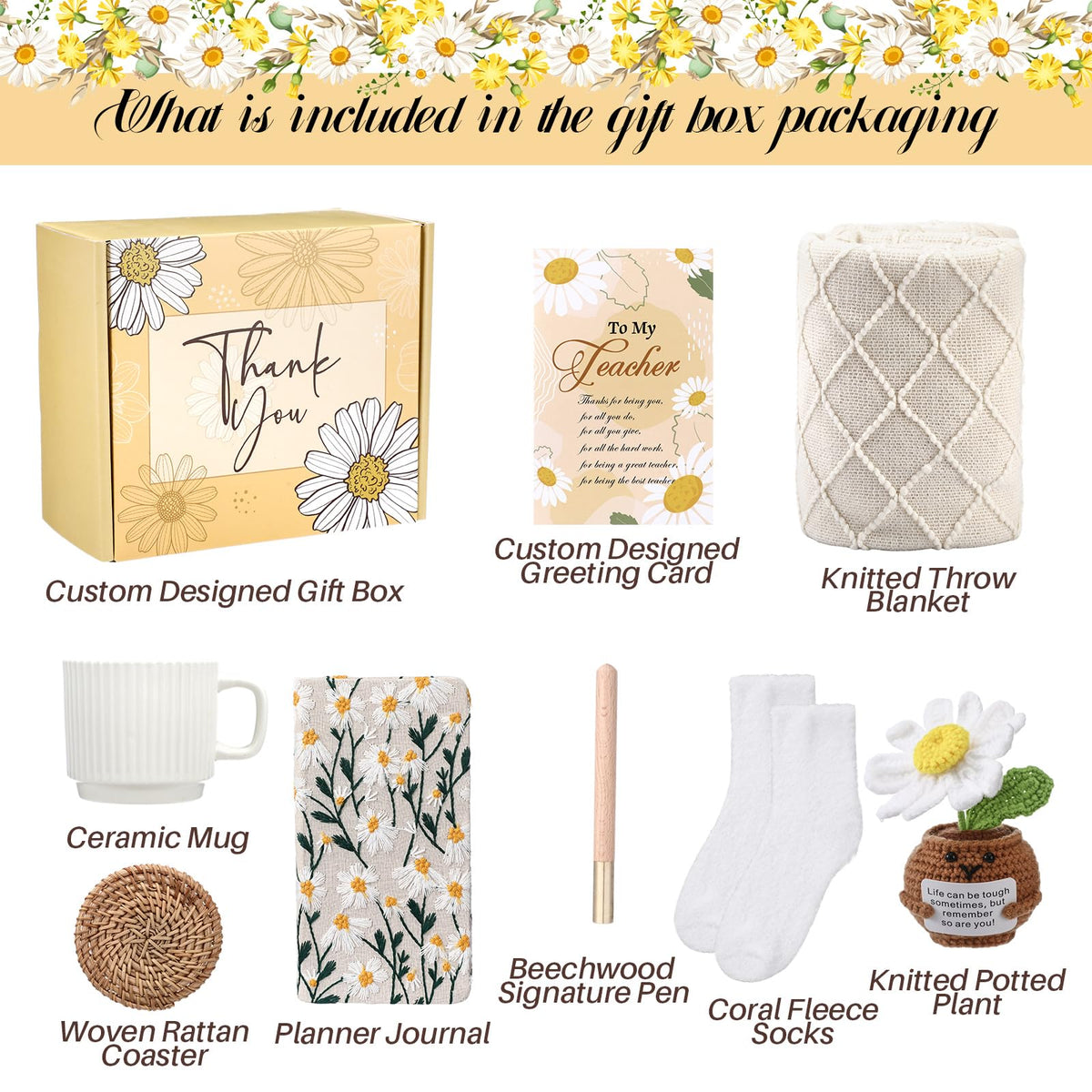Remerry Teacher Appreciation Gift Box for Women End of Year Thank You Teacher Gift from Student Blanket Mug Coastal Journal Socks and Greeting Card for Teachers Women Graduation Set of 9(Daisy)