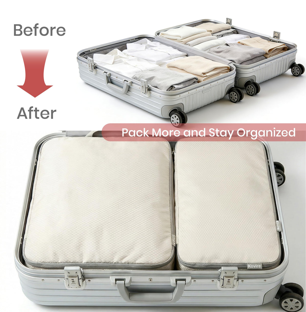 Kovire Compression Packing Cubes for Travel, Set of 4 Expandable Luggage Organizers with Shoe Bag, Lightweight Water-Resistant Suitcase Essentials for Carry-on & Checked Luggage, Cream