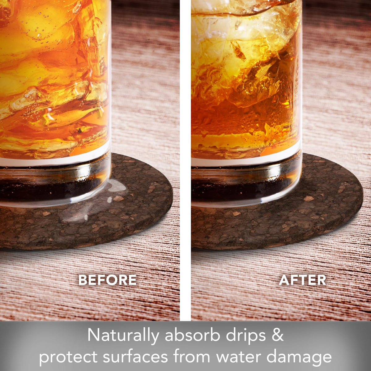 Thirstystone Set of 6 Thick Dark Cork Coasters in Attractive Black Coaster Holder 4.7" Round Durable Absorbent Easily Wipes Clean