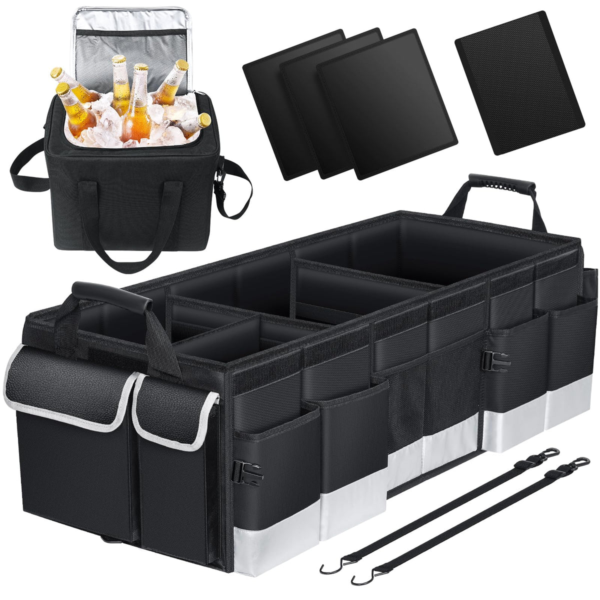 Oasser Trunk Organizer with Cooler Bag 95L, Bearing 110lb No Deformation, Collapsible with Multi Compartments, Removable Insulated Bag, Foldable Lid, Non Slip Bottom, 2 Adjustable Straps (Black&Grey)