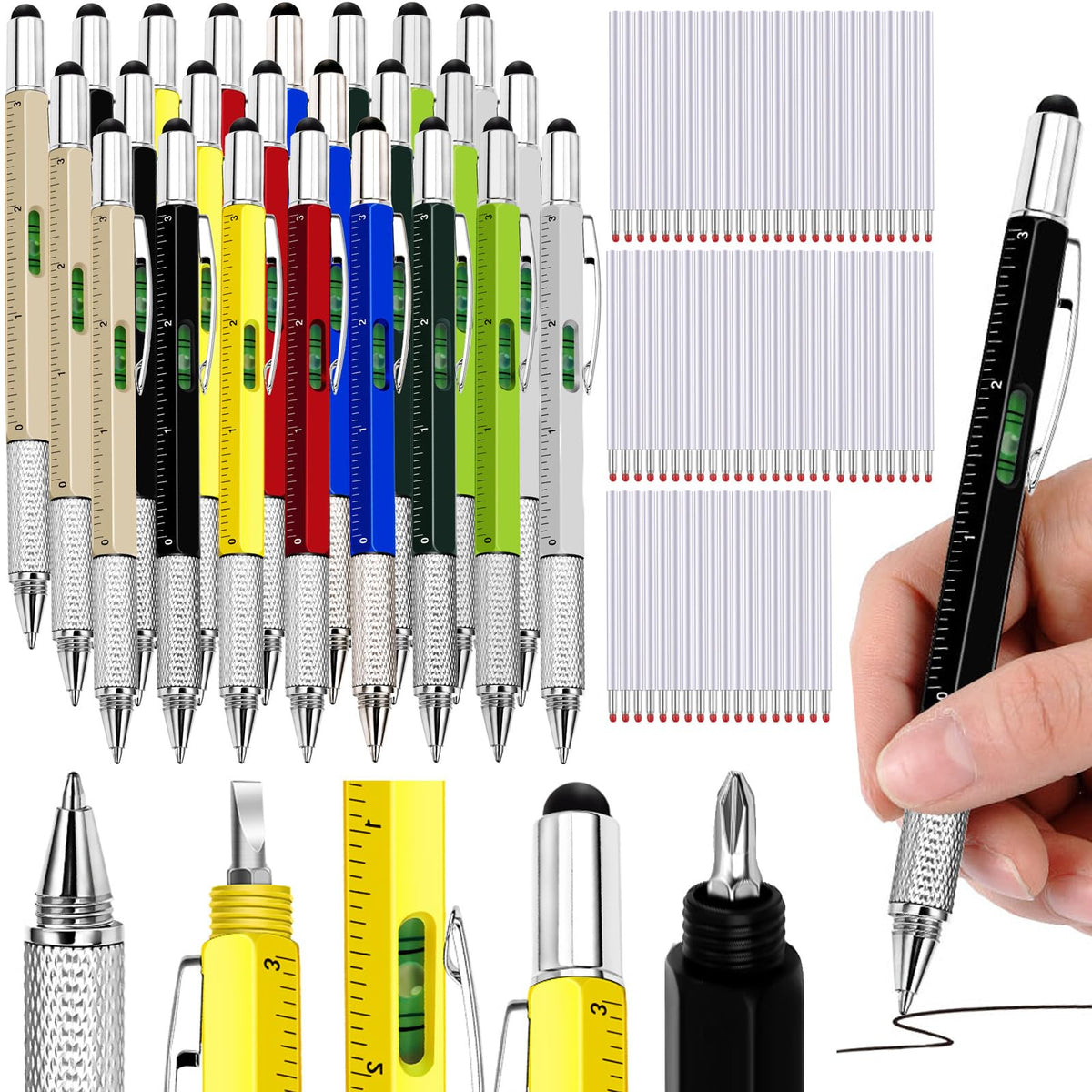 Zhanmai 72 Pcs Christmas Multitool Pen Gifts Bulk 6 in 1 Tool Pen with Level Gauge Ruler, Screwdriver, Stylus & 80 Replacement Refills, Unique Birthday Gifts for Men(Multicolor)