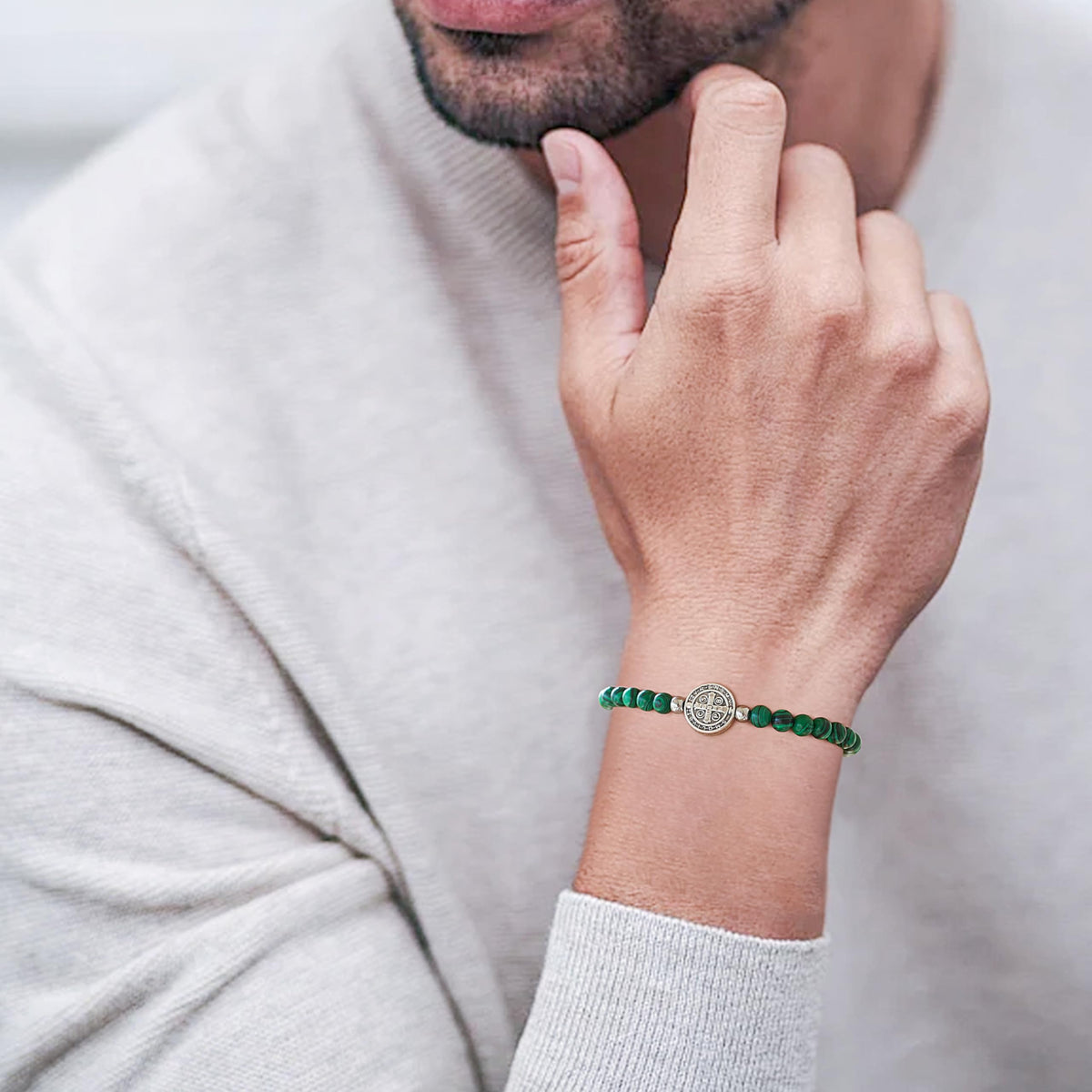 Lameybrt Evil Eye Bracelet 4 mm Natural Stretch Adjustable Beaded Bracelets for Men (C08 Malachite, One Size)