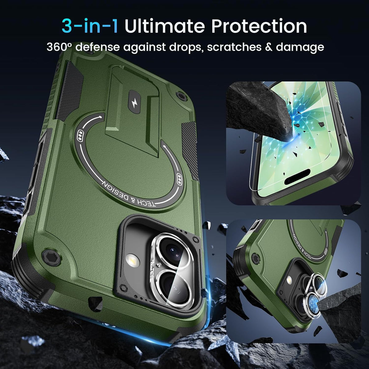 Caka 3 1 17 17 in for iPhone Case [Compatible with MagSafe] [Invisible Kickstand] [HD Screen Protector] [Camera Lens